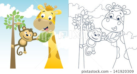 Vector illustration of cartoon giraffe with monkey on tree. Coloring book or page for kids Vector illustration of cartoon giraffe with monkey on tree. Coloring book or page for kids 141920309