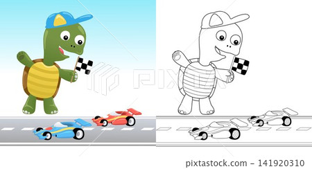 Vector illustration of cartoon turtle holding checkered flag in toy car racing. Coloring book or page for kids Vector illustration of cartoon turtle holding checkered flag in toy car racing. Coloring book or page for kids 141920310