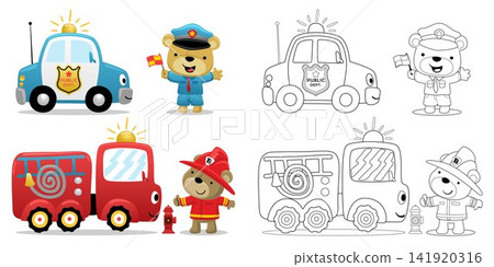 Vector illustration of cute bear in police and fireman costume with rescue vehicles. Coloring book or page Vector illustration of cute bear in police and fireman costume with rescue vehicles. Coloring book or page 141920316