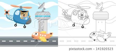 Vector illustration of cartoon aircraft in airport with cat on helicopter. Coloring book or page Vector illustration of cartoon aircraft in airport with cat on helicopter. Coloring book or page 141920323