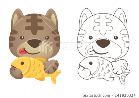 Vector illustration of cartoon cute cat holding fish. Coloring book or page for kids Vector illustration of cartoon cute cat holding fish. Coloring book or page for kids 141920324