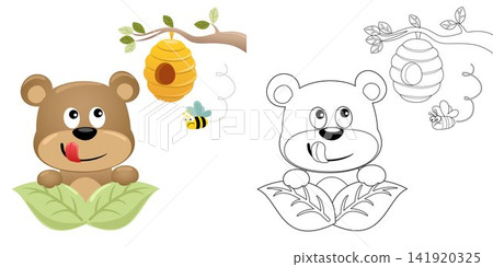 Cartoon cute bear hiding in leaf with bee and beehive hang on tree branches. Coloring book or page Cartoon cute bear hiding in leaf with bee and beehive hang on tree branches. Coloring book or page 141920325