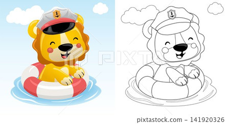 Vector illustration of cartoon cute lion in sailor cap swimming with buoy. Coloring book or page Vector illustration of cartoon cute lion in sailor cap swimming with buoy. Coloring book or page 141920326