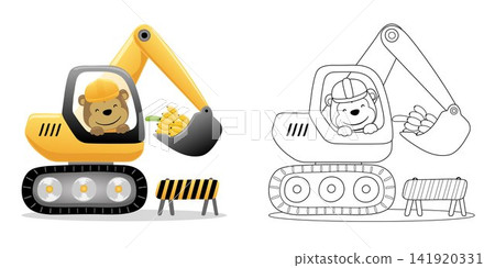 Vector illustration of cartoon cute monkey on excavator with banana. Coloring book or page Vector illustration of cartoon cute monkey on excavator with banana. Coloring book or page 141920331