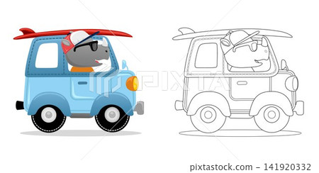 Vector illustration of cartoon funny rhino driving car carrying surfboard. Coloring book or page 141920332