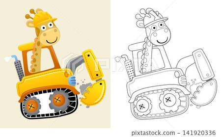 Vector illustration of cartoon giraffe on construction vehicle. Coloring book or page for kids Vector illustration of cartoon giraffe on construction vehicle. Coloring book or page for kids 141920336
