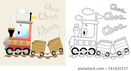 Vector illustration of cartoon funny steam train. Coloring book or page for kids 141920337