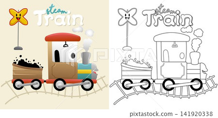 Vector illustration of cartoon steam train with railway sign. Coloring book or page for kids Vector illustration of cartoon steam train with railway sign. Coloring book or page for kids 141920338
