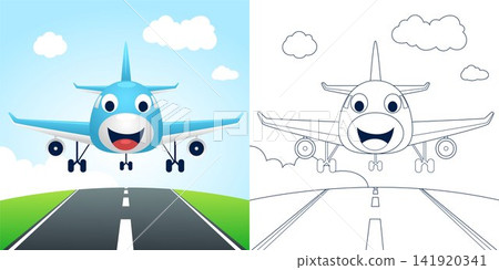 Vector illustration of cartoon funny airplane in landing. Coloring book or page for kids Vector illustration of cartoon funny airplane in landing. Coloring book or page for kids 141920341