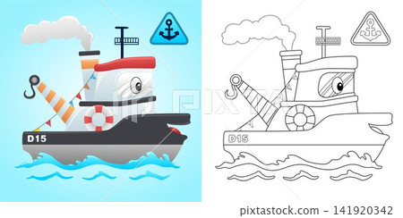 Vector illustration of cartoon funny tugboat. Coloring book or page for kids Vector illustration of cartoon funny tugboat. Coloring book or page for kids 141920342