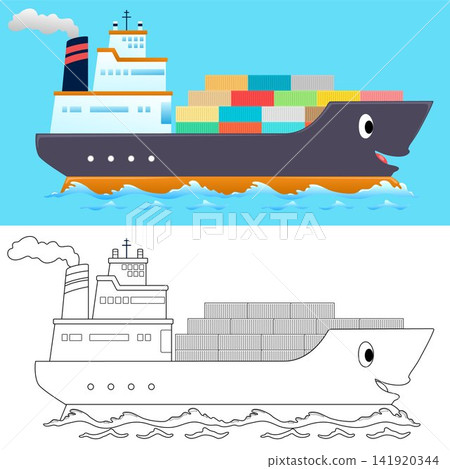 Vector illustration of cartoon funny cargo ship with containers. Coloring book or page for kids Vector illustration of cartoon funny cargo ship with containers. Coloring book or page for kids 141920344