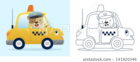Vector illustration of cartoon funny cat driving taxi. Coloring book or page for kids Vector illustration of cartoon funny cat driving taxi. Coloring book or page for kids 141920346