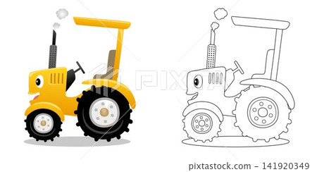 Vector illustration of cartoon funny yellow tractor. Coloring book or page for kids 141920349