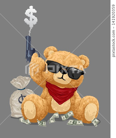 Vector cartoon illustration, hand drawn teddy bear holding gun with lot of money Vector cartoon illustration, hand drawn teddy bear holding gun with lot of money 141920359