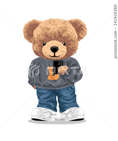 Vector cartoon illustration, hand drawn cute bear holding cellular phone in casual style 141920360