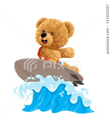 Vector cartoon illustration, hand drawn cute teddy bear in surfing 141920367
