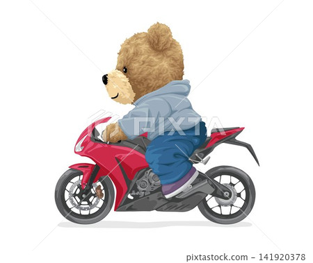 Vector cartoon illustration, teddy bear riding motorcycle Vector cartoon illustration, teddy bear riding motorcycle 141920378