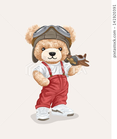 Vector illustration of cute teddy bear with pilot helmet holding airplane toy 141920391