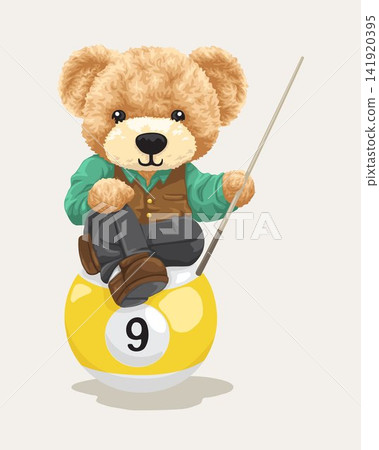 Vector illustration of cute teddy bear in billiard player costume holding billiard stick sitting on big billiard ball Vector illustration of cute teddy bear in billiard player costume holding billiard stick sitting on big billiard ball 141920395