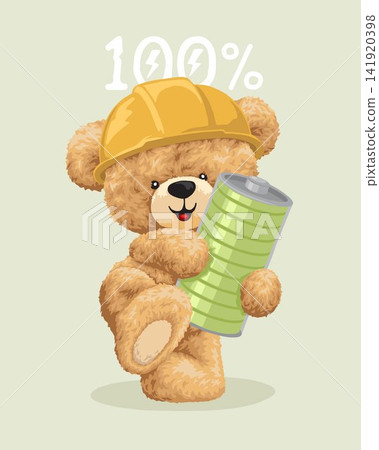 Vector illustration of cute teddy bear with worker helmet holding full battery charged Vector illustration of cute teddy bear with worker helmet holding full battery charged 141920398