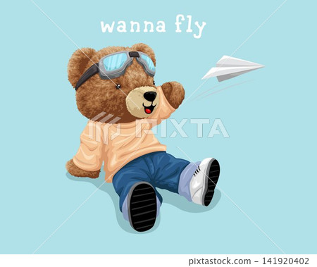 Vector illustration of cute teddy bear wearing pilot goggles with paper plane Vector illustration of cute teddy bear wearing pilot goggles with paper plane 141920402
