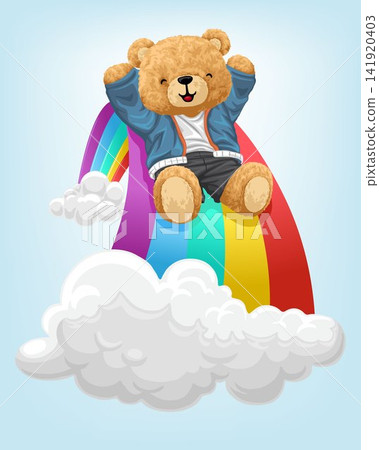 Vector illustration of cute teddy bear sliding on rainbow 141920403