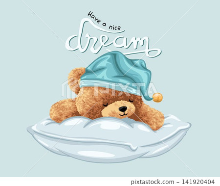 Vector illustration of cute teddy bear with sleeping hat on pillow 141920404