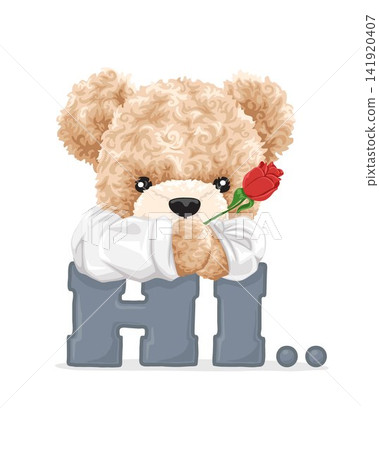 Vector illustration of cute teddy bear holding roses with hi text Vector illustration of cute teddy bear holding roses with hi text 141920407