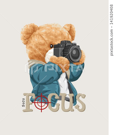 Vector illustration of cute teddy bear holding camera 141920408