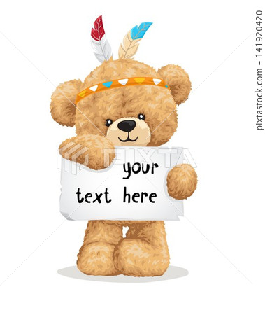 Vector illustration of cute teddy bear with feather headdress holding blank paper Vector illustration of cute teddy bear with feather headdress holding blank paper 141920420
