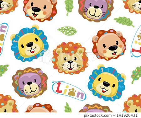 seamless pattern vector of funny lion face cartoon with colorful ornament 141920431