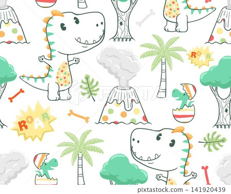 seamless pattern vector of cartoon dinosaur with prehistoric elements seamless pattern vector of cartoon dinosaur with prehistoric elements 141920439