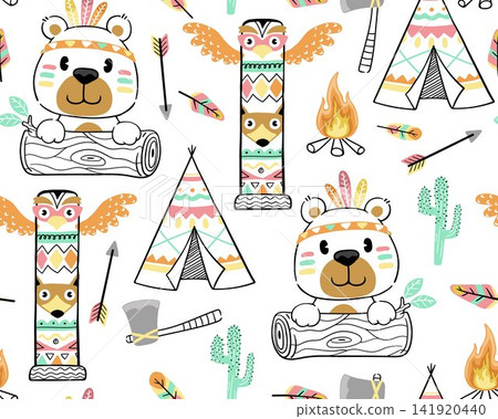 seamless pattern vector of cartoon Indian tribe element with funny bear seamless pattern vector of cartoon Indian tribe element with funny bear 141920440