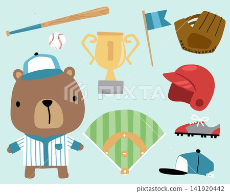 Vector illustration of cartoon bear in baseball jersey with baseball elements 141920442