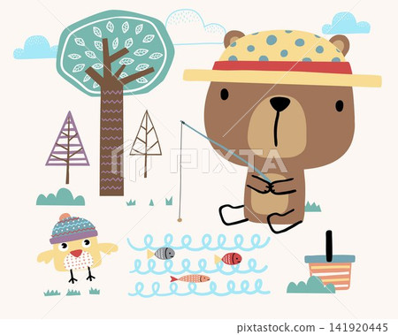 Vector illustration of cartoon cute bear with little bird fishing in the woods Vector illustration of cartoon cute bear with little bird fishing in the woods 141920445