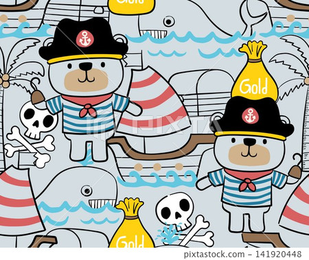 seamless pattern vector of pirate sailing elements with cute bear cartoon 141920448