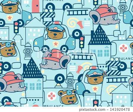 Seamless pattern vector of rescue vehicles cartoon with funny animals in city road Seamless pattern vector of rescue vehicles cartoon with funny animals in city road 141920478