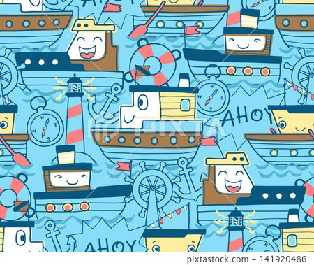 Seamless pattern vector of funny boat cartoon with sailing elements Seamless pattern vector of funny boat cartoon with sailing elements 141920486