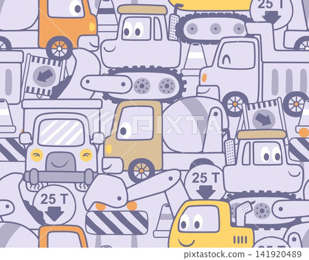 Seamless pattern vector of funny construction vehicles cartoon with construction signs 141920489