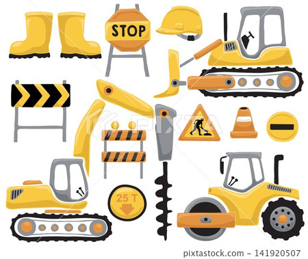 Set of construction elements with construction vehicles Set of construction elements with construction vehicles 141920507