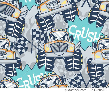 Seamless pattern of monster truck cartoon with car racing elements 141920509