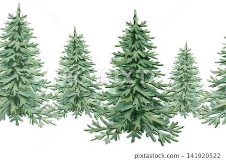 Seamless border with stylized Christmas trees. Isolated watercolor illustration for New Year's cards, invitations, children's book design, wrapping paper, and nursery decor. Seamless border with stylized Christmas trees. Isolated watercolor illustration for New Year's cards, invitations, children's book design, wrapping paper, and nursery decor. 141920522