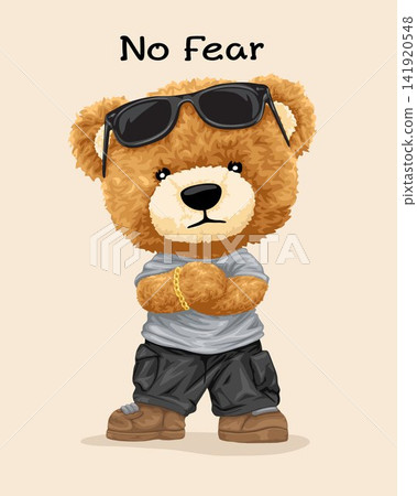 Vector illustration of hand drawn teddy bear with sunglasses crossing arms 141920548