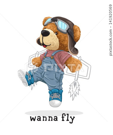 Vector illustration of hand drawn teddy bear wearing pilot helmet and goggles with airplane wing Vector illustration of hand drawn teddy bear wearing pilot helmet and goggles with airplane wing 141920569