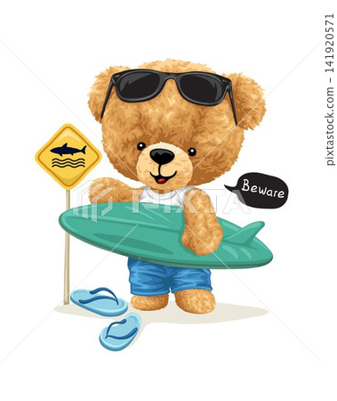 Vector illustration of hand drawn teddy bear in tourist style with surfboard in the beach 141920571