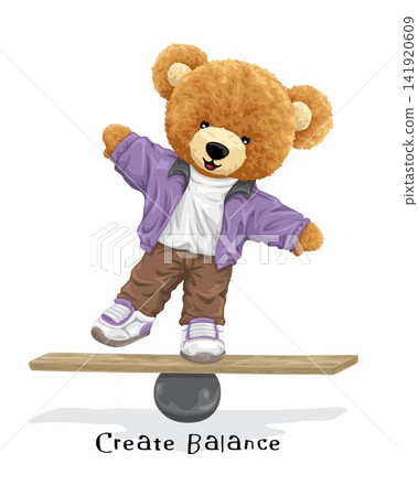 Vector illustration of hand drawn teddy bear standing on board keep balance Vector illustration of hand drawn teddy bear standing on board keep balance 141920609