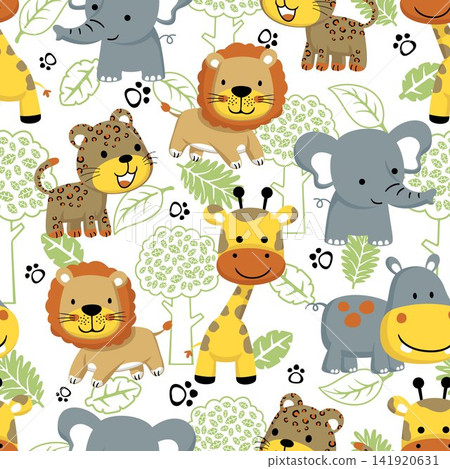 Seamless pattern vector of funny animals cartoon with trees and leaves 141920631