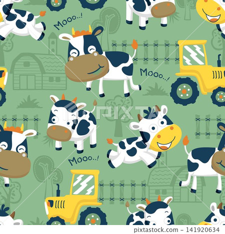 Seamless pattern vector of funny cow cartoon with tractor on farming elements background Seamless pattern vector of funny cow cartoon with tractor on farming elements background 141920634