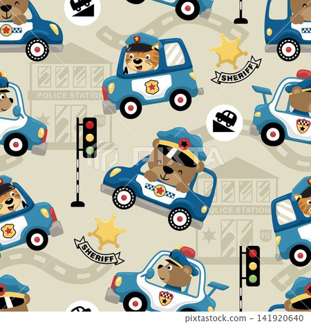 Seamless pattern vector of funny animals driving police car, traffic cop elements 141920640
