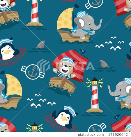 Seamless pattern vector of funny animals on sailboat with sailing elements Seamless pattern vector of funny animals on sailboat with sailing elements 141920642